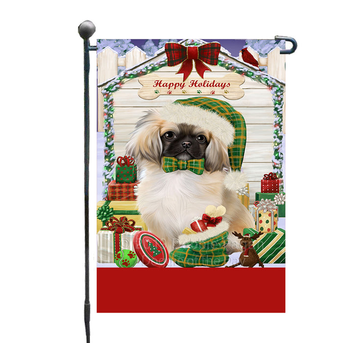 Personalized Happy Holidays Christmas Pekingese Dog House with Presents Custom Garden Flags GFLG-DOTD-A59342