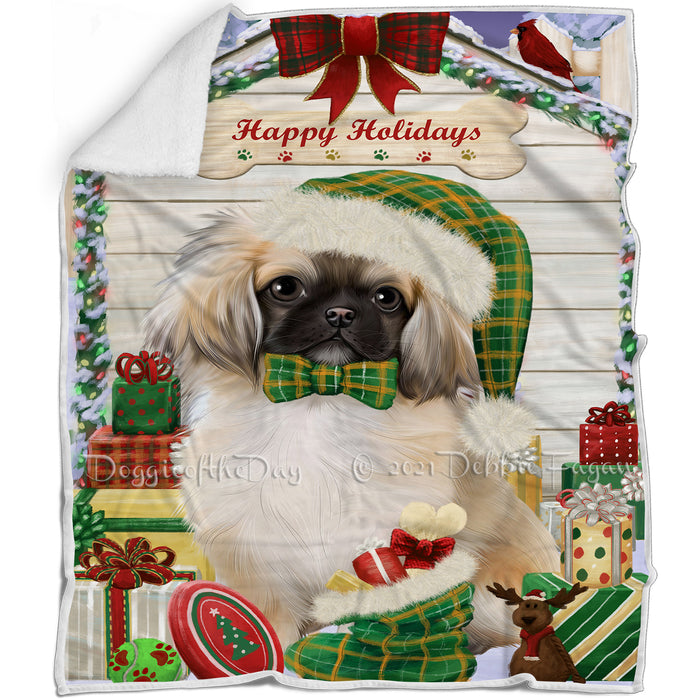 Happy Holidays Christmas Pekingese Dog House With Presents Blanket BLNKT85764