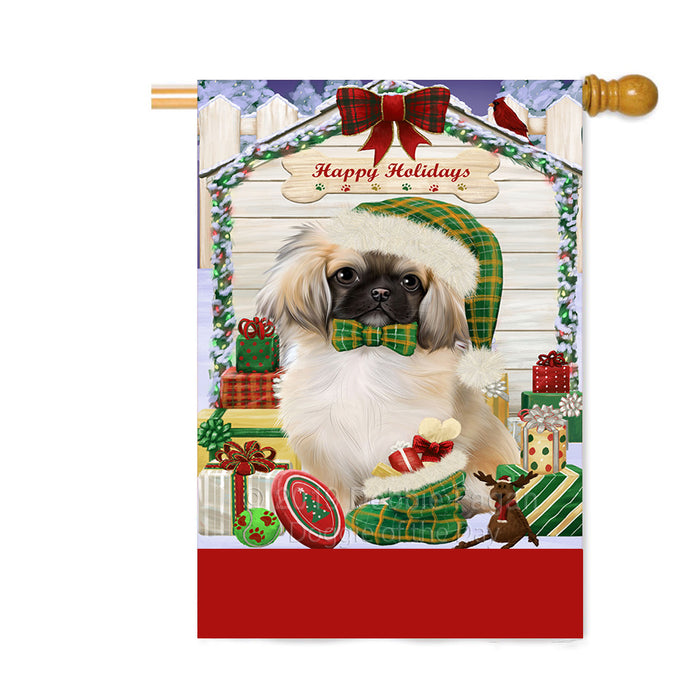 Personalized Happy Holidays Christmas Pekingese Dog House with Presents Custom House Flag FLG-DOTD-A59398