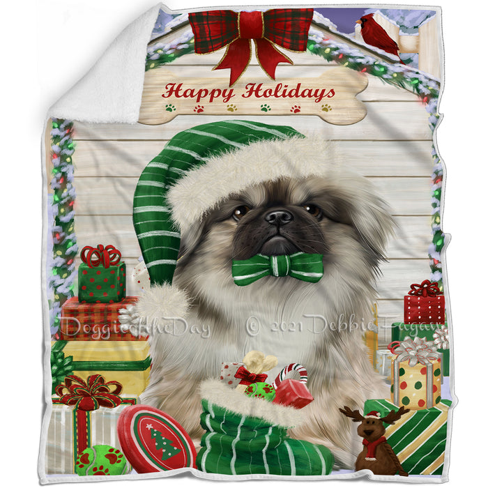 Happy Holidays Christmas Pekingese Dog House With Presents Blanket BLNKT85773