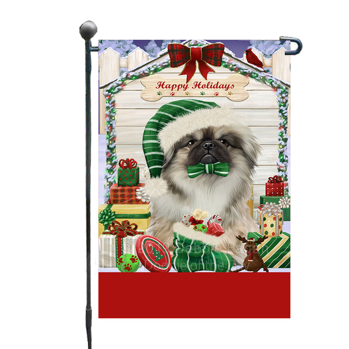 Personalized Happy Holidays Christmas Pekingese Dog House with Presents Custom Garden Flags GFLG-DOTD-A59343