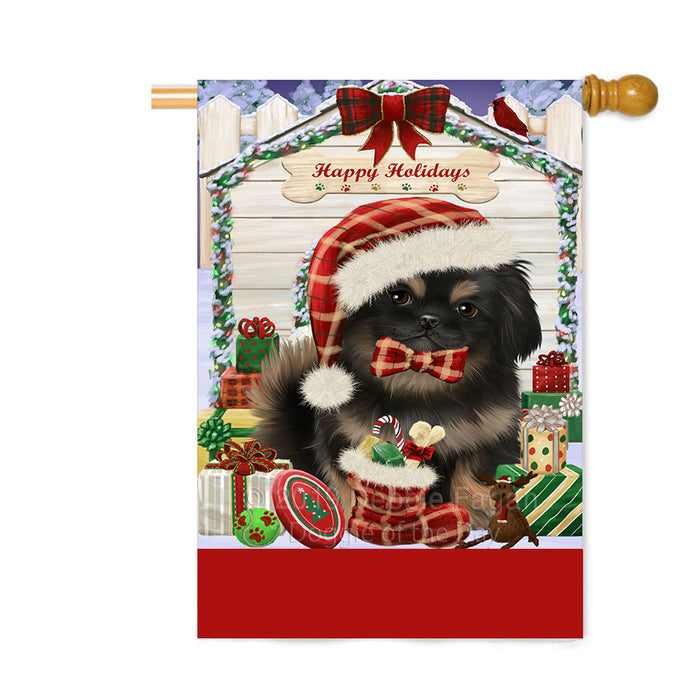 Personalized Happy Holidays Christmas Pekingese Dog House with Presents Custom House Flag FLG-DOTD-A59400