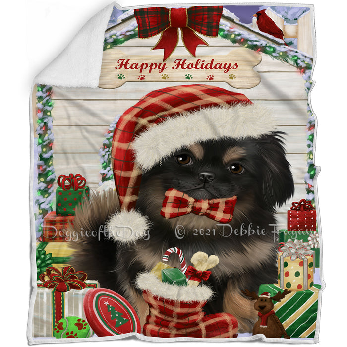 Happy Holidays Christmas Pekingese Dog House With Presents Blanket BLNKT85782
