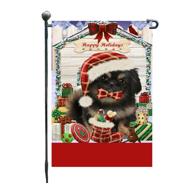 Personalized Happy Holidays Christmas Pekingese Dog House with Presents Custom Garden Flags GFLG-DOTD-A59344