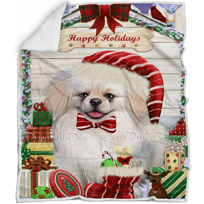 Happy Holidays Christmas Pekingese Dog House With Presents Blanket BLNKT85791