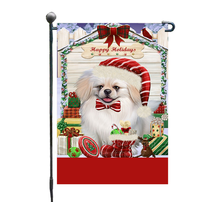 Personalized Happy Holidays Christmas Pekingese Dog House with Presents Custom Garden Flags GFLG-DOTD-A59345