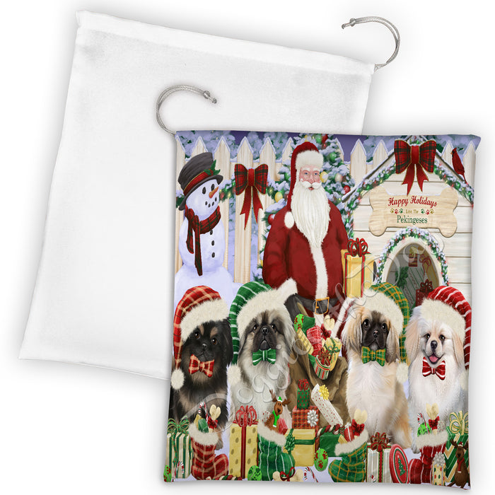 Happy Holidays Christmas Pekingese Dogs House Gathering Drawstring Laundry or Gift Bag LGB48064