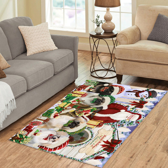 Happy Holidays Christma Pekingese Dogs House Gathering Area Rug