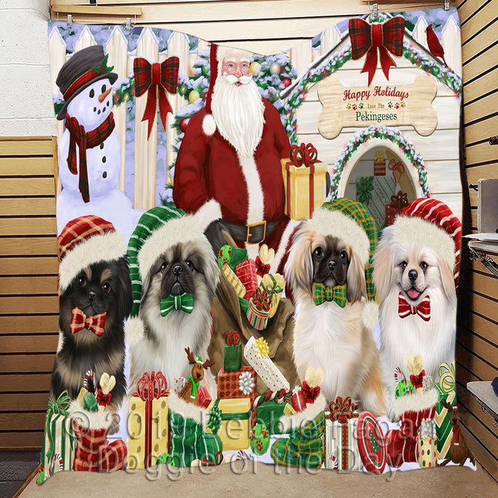 Happy Holidays Christmas Pekingese Dogs House Gathering Quilt