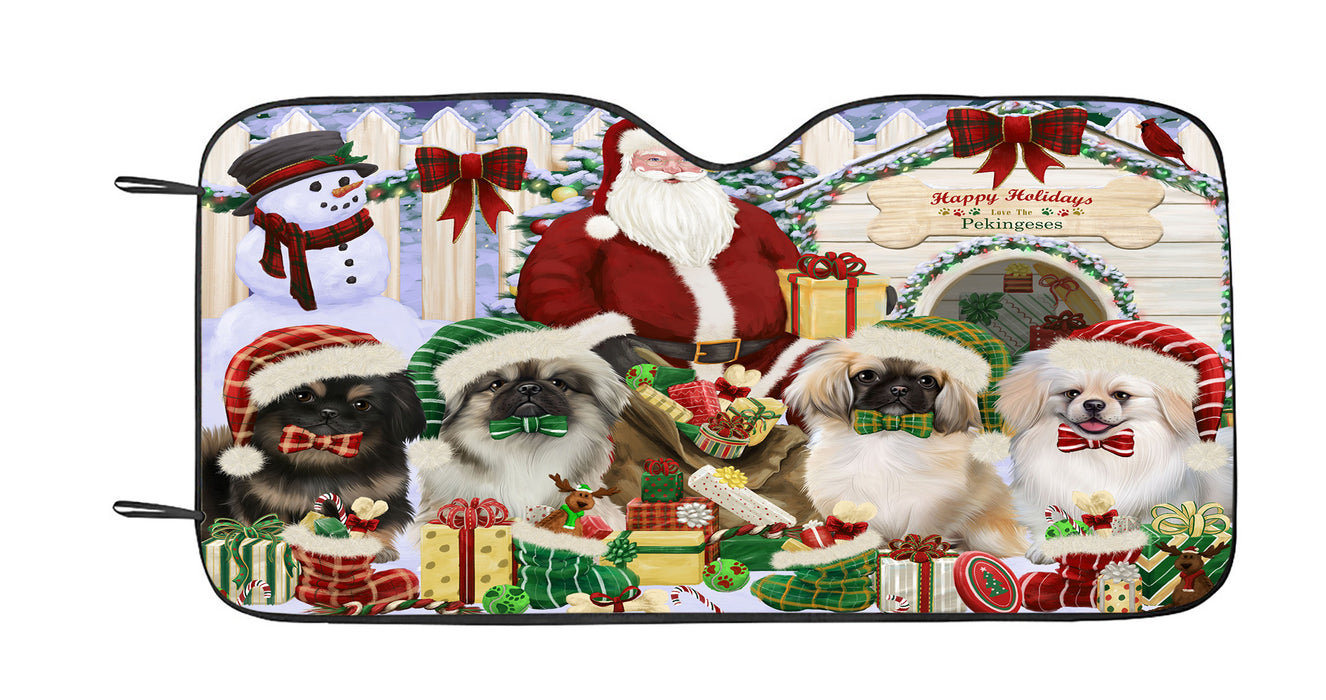 Happy Holidays Christmas Pekingese Dogs House Gathering Car Sun Shade