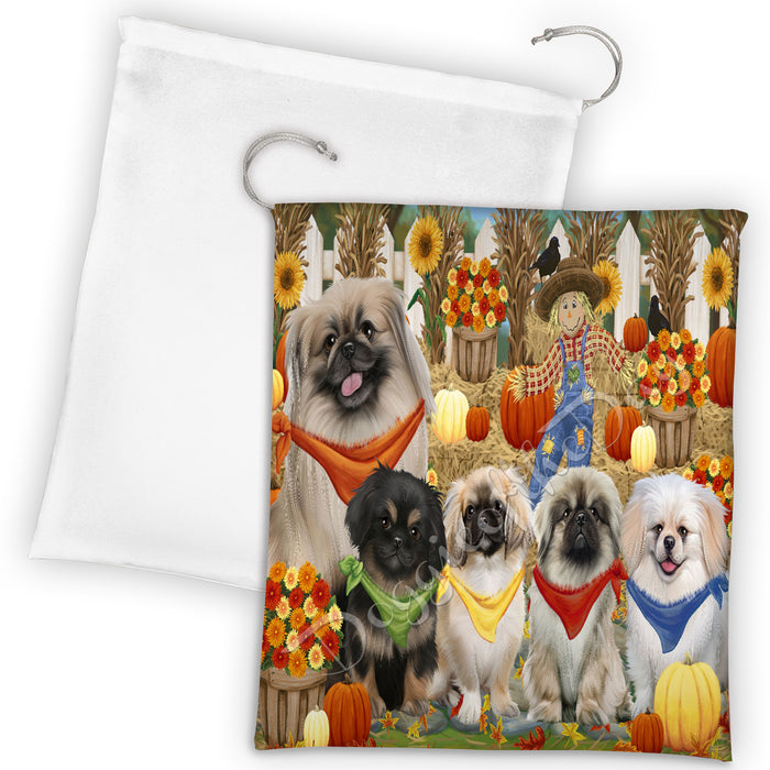 Fall Festive Harvest Time Gathering Pekingese Dogs Drawstring Laundry or Gift Bag LGB48422