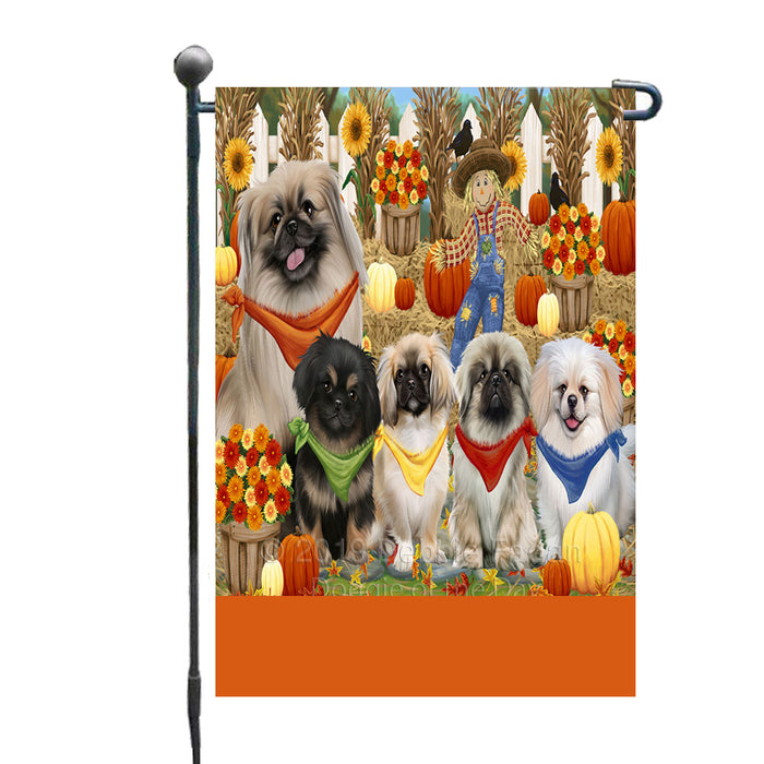 Personalized Fall Festive Gathering Pekingese Dogs with Pumpkins Custom Garden Flags GFLG-DOTD-A61985