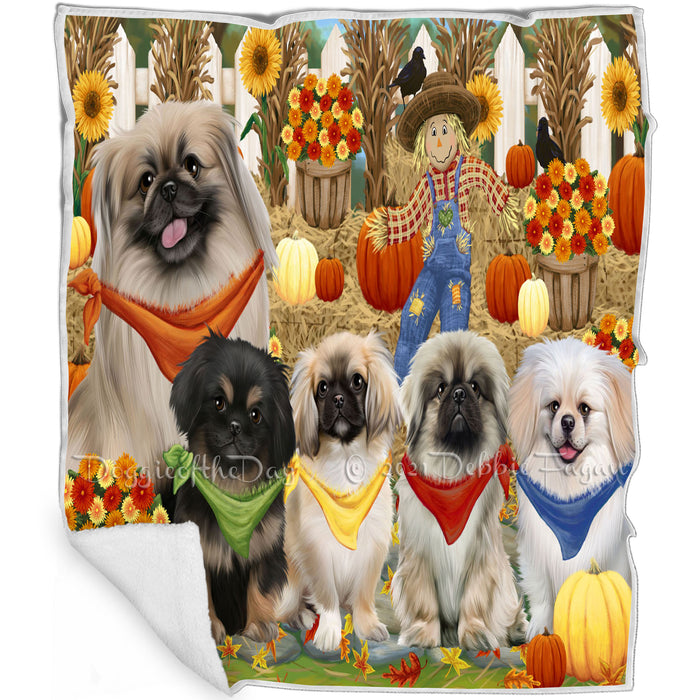 Fall Festive Gathering Pekingeses Dog with Pumpkins Blanket BLNKT71967