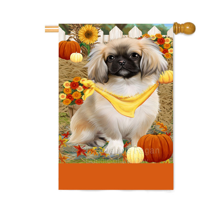 Personalized Fall Autumn Greeting Pekingese Dog with Pumpkins Custom House Flag FLG-DOTD-A62042
