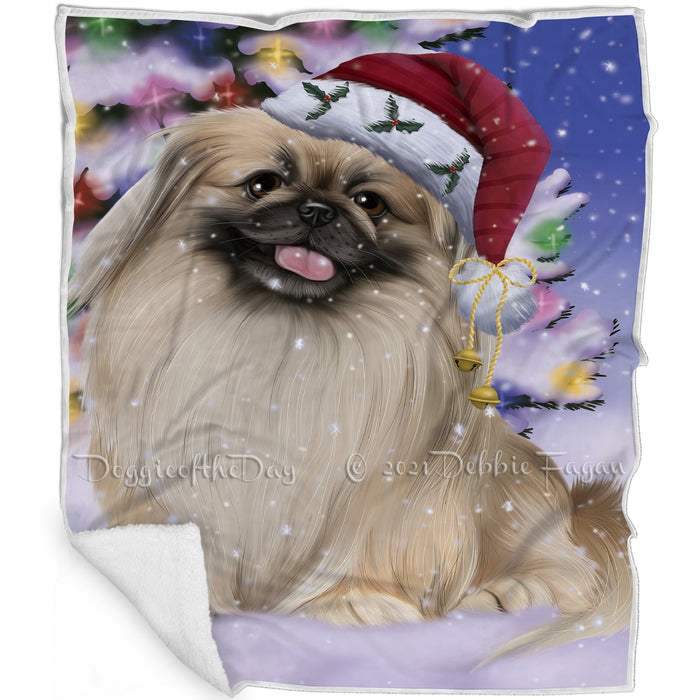 Winterland Wonderland Pekingese Dog In Christmas Holiday Scenic Background Blanket