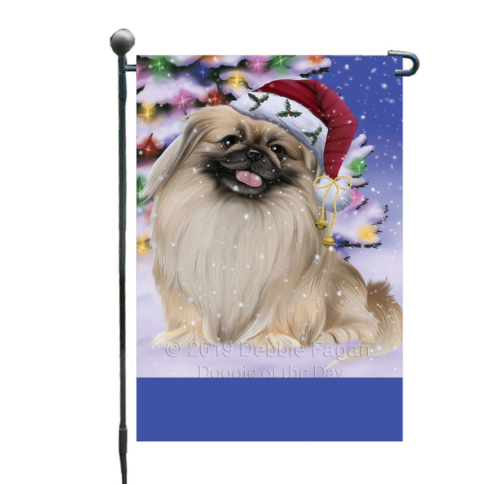 Personalized Winterland Wonderland Pekingese Dog In Christmas Holiday Scenic Background Custom Garden Flags GFLG-DOTD-A61357