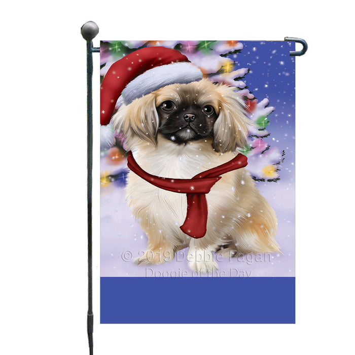 Personalized Winterland Wonderland Pekingese Dog In Christmas Holiday Scenic Background Custom Garden Flags GFLG-DOTD-A61358