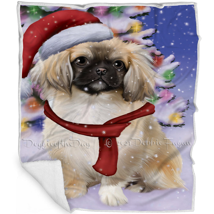 Winterland Wonderland Pekingese Dog In Christmas Holiday Scenic Background Blanket