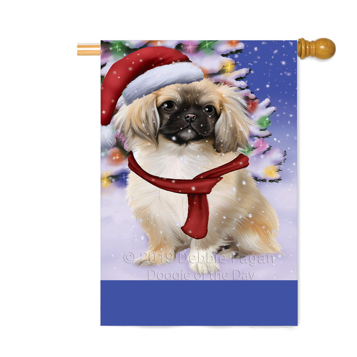 Personalized Winterland Wonderland Pekingese Dog In Christmas Holiday Scenic Background Custom House Flag FLG-DOTD-A61414