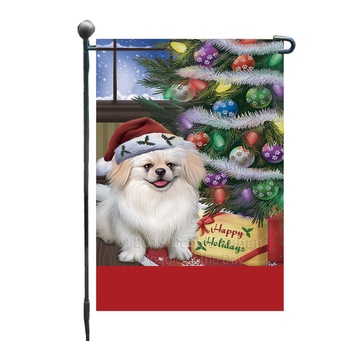 Personalized Christmas Happy Holidays Pekingese Dog with Tree and Presents Custom Garden Flags GFLG-DOTD-A58652