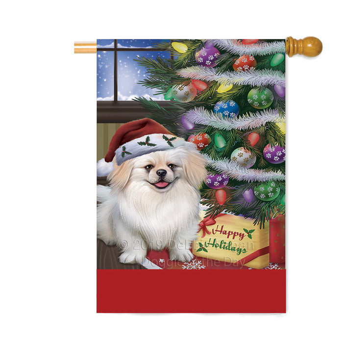 Personalized Christmas Happy Holidays Pekingese Dog with Tree and Presents Custom House Flag FLG-DOTD-A58708