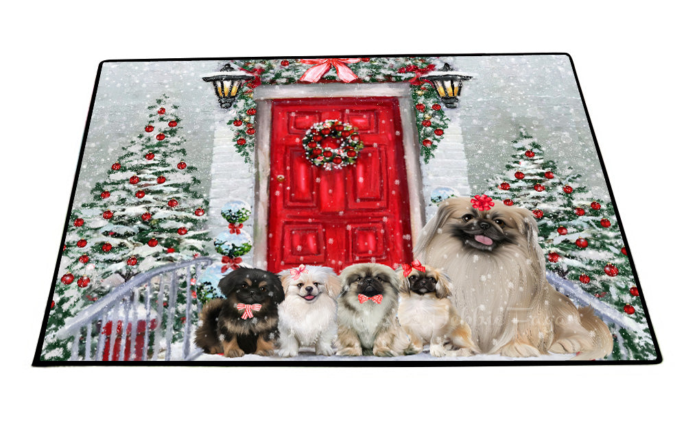 Christmas Holiday Welcome Pekingese Dogs Floor Mat- Anti-Slip Pet Door Mat Indoor Outdoor Front Rug Mats for Home Outside Entrance Pets Portrait Unique Rug Washable Premium Quality Mat