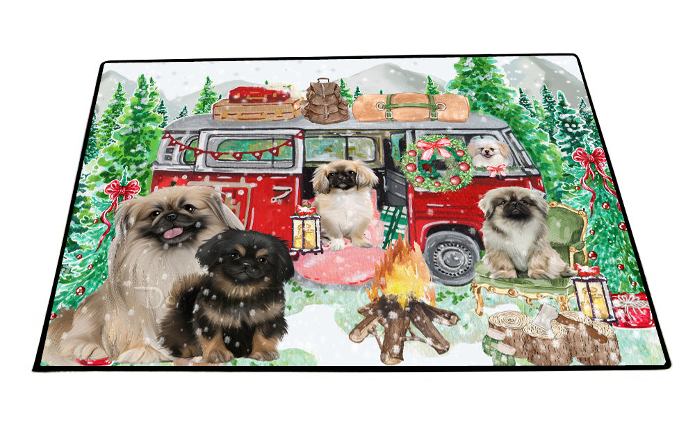Christmas Time Camping with Pekingese Dogs Floor Mat- Anti-Slip Pet Door Mat Indoor Outdoor Front Rug Mats for Home Outside Entrance Pets Portrait Unique Rug Washable Premium Quality Mat