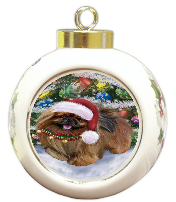 Chistmas Trotting in the Snow Pekingese Dog Round Ball Christmas Ornament Pet Decorative Hanging Ornaments for Christmas X-mas Tree Decorations - 3" Round Ceramic Ornament RBPOR59731