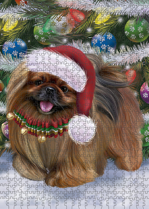 Chistmas Trotting in the Snow Pekingese Dog Portrait Jigsaw Puzzle for Adults Animal Interlocking Puzzle Game Unique Gift for Dog Lover's with Metal Tin Box PZL967
