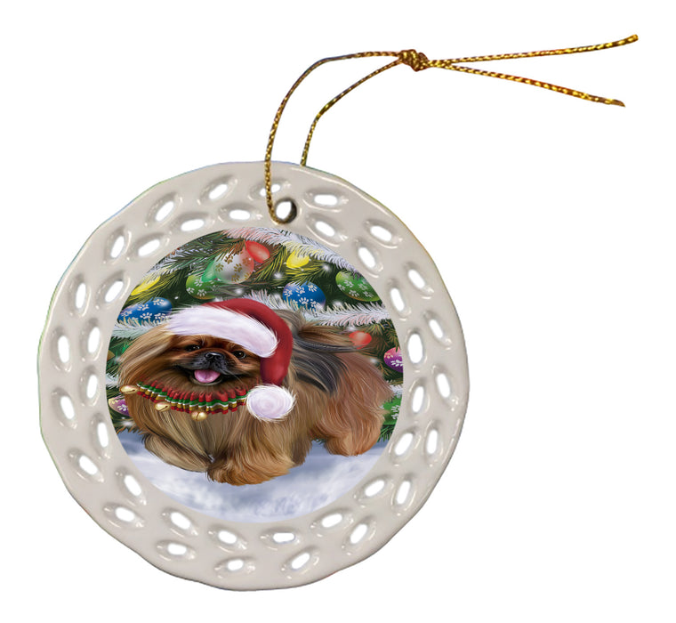 Chistmas Trotting in the Snow Pekingese Dog Doily Ornament DPOR59155