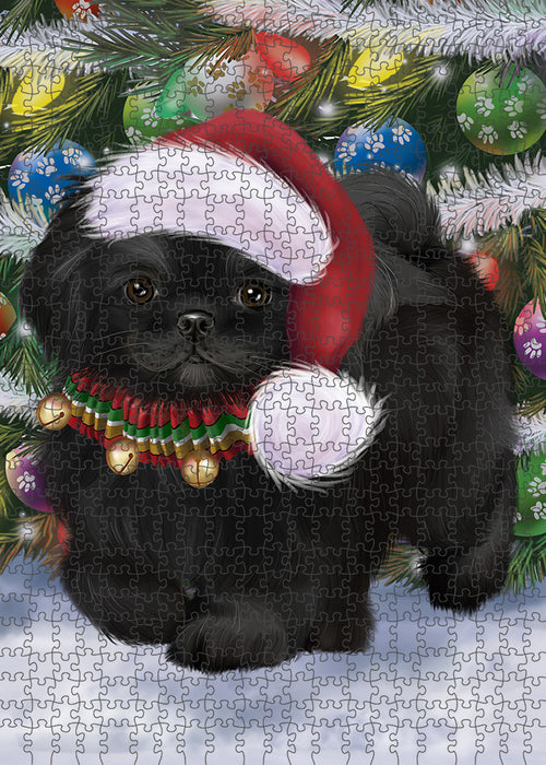 Chistmas Trotting in the Snow Pekingese Dog Portrait Jigsaw Puzzle for Adults Animal Interlocking Puzzle Game Unique Gift for Dog Lover's with Metal Tin Box PZL968