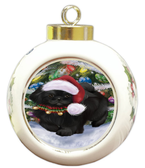 Chistmas Trotting in the Snow Pekingese Dog Round Ball Christmas Ornament Pet Decorative Hanging Ornaments for Christmas X-mas Tree Decorations - 3" Round Ceramic Ornament RBPOR59732