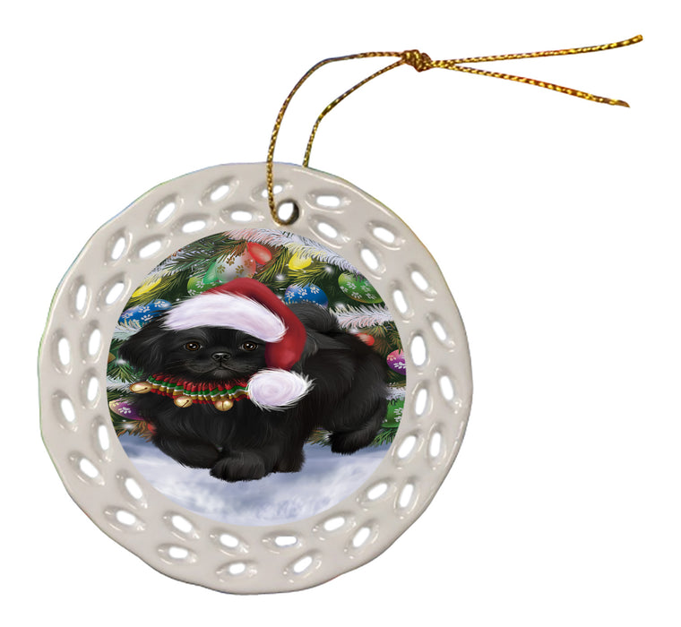 Chistmas Trotting in the Snow Pekingese Dog Doily Ornament DPOR59156