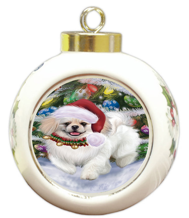 Chistmas Trotting in the Snow Pekingese Dog Round Ball Christmas Ornament Pet Decorative Hanging Ornaments for Christmas X-mas Tree Decorations - 3" Round Ceramic Ornament RBPOR59733