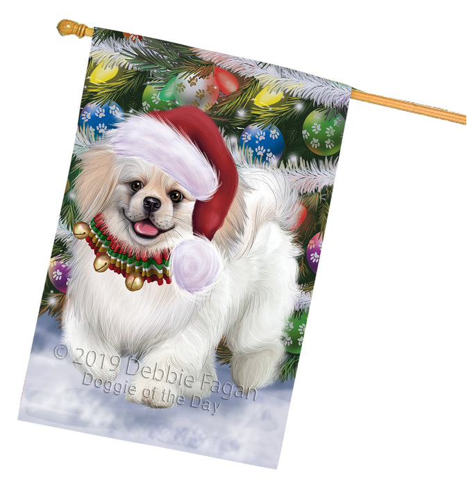 Chistmas Trotting in the Snow Pekingese Dog House Flag Outdoor Decorative Double Sided Pet Portrait Weather Resistant Premium Quality Animal Printed Home Decorative Flags 100% Polyester FLG69659