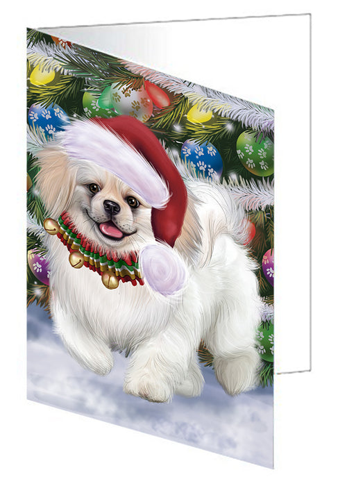 Chistmas Trotting in the Snow Pekingese Dog Handmade Artwork Assorted Pets Greeting Cards and Note Cards with Envelopes for All Occasions and Holiday Seasons