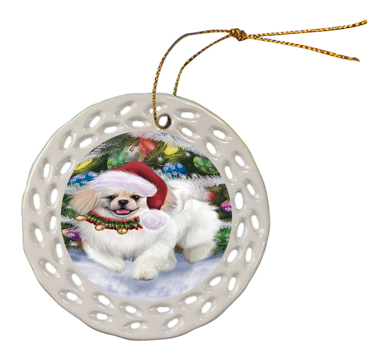 Chistmas Trotting in the Snow Pekingese Dog Doily Ornament DPOR59157