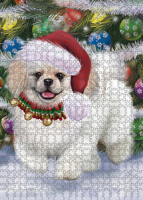 Chistmas Trotting in the Snow Pekingese Dog Portrait Jigsaw Puzzle for Adults Animal Interlocking Puzzle Game Unique Gift for Dog Lover's with Metal Tin Box PZL969