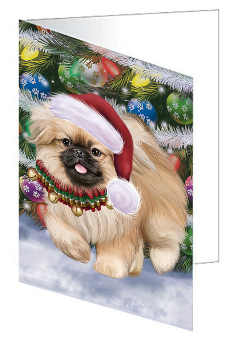 Chistmas Trotting in the Snow Pekingese Dog Handmade Artwork Assorted Pets Greeting Cards and Note Cards with Envelopes for All Occasions and Holiday Seasons