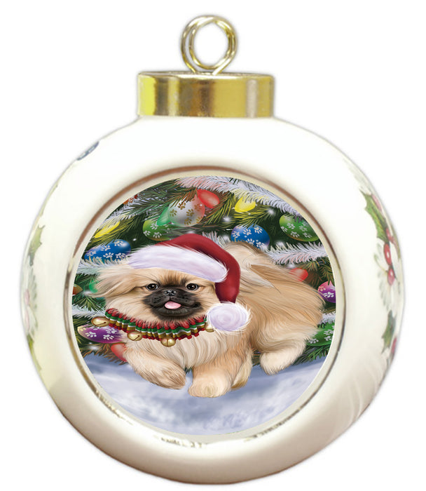 Chistmas Trotting in the Snow Pekingese Dog Round Ball Christmas Ornament Pet Decorative Hanging Ornaments for Christmas X-mas Tree Decorations - 3" Round Ceramic Ornament RBPOR59734
