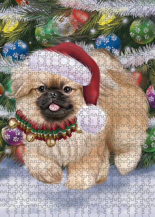Chistmas Trotting in the Snow Pekingese Dog Portrait Jigsaw Puzzle for Adults Animal Interlocking Puzzle Game Unique Gift for Dog Lover's with Metal Tin Box PZL970