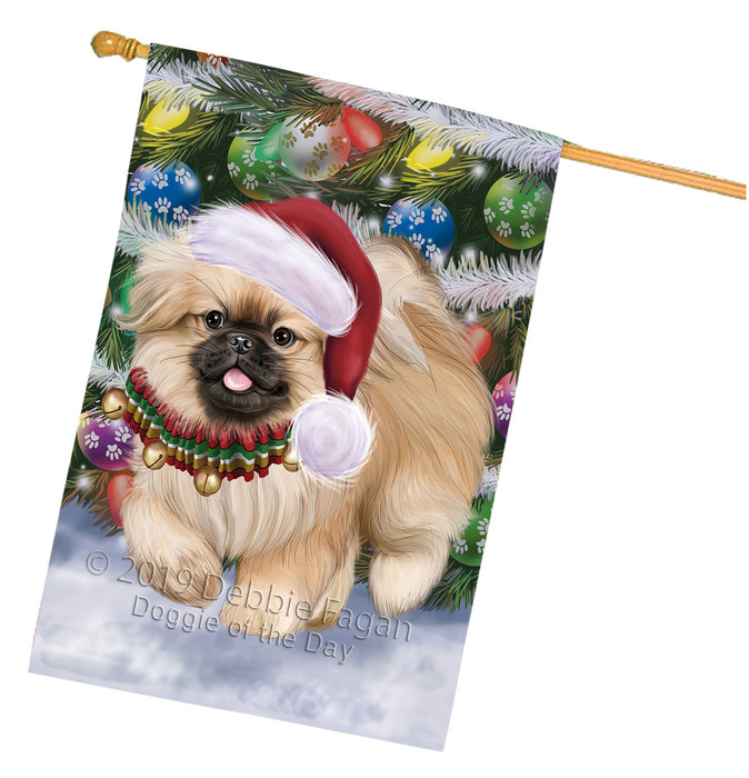 Chistmas Trotting in the Snow Pekingese Dog House Flag Outdoor Decorative Double Sided Pet Portrait Weather Resistant Premium Quality Animal Printed Home Decorative Flags 100% Polyester FLG69660