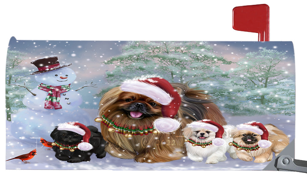 Christmas Running Family Pekingese Dogs Magnetic Mailbox Cover Both Sides Pet Theme Printed Decorative Letter Box Wrap Case Postbox Thick Magnetic Vinyl Material