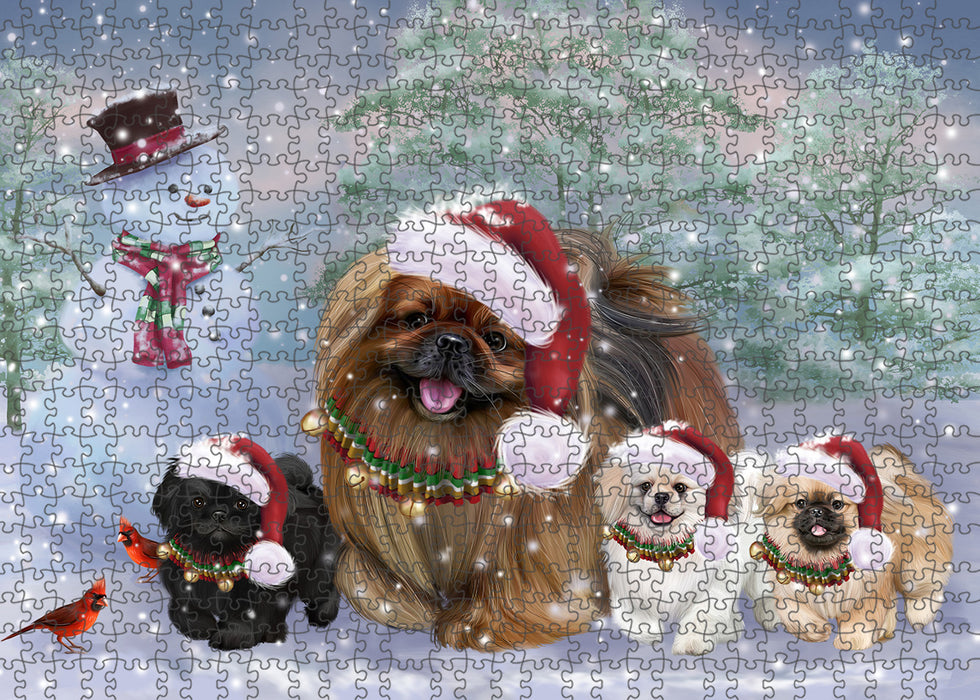 Christmas Running Family Pekingese Dogs Portrait Jigsaw Puzzle for Adults Animal Interlocking Puzzle Game Unique Gift for Dog Lover's with Metal Tin Box