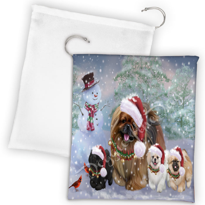 Christmas Running Fammily Pekingese Dogs Drawstring Laundry or Gift Bag LGB48239