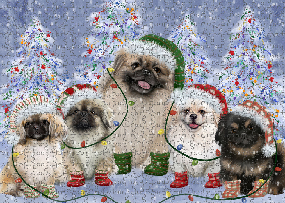 Christmas Lights and Pekingese Dogs Portrait Jigsaw Puzzle for Adults Animal Interlocking Puzzle Game Unique Gift for Dog Lover's with Metal Tin Box