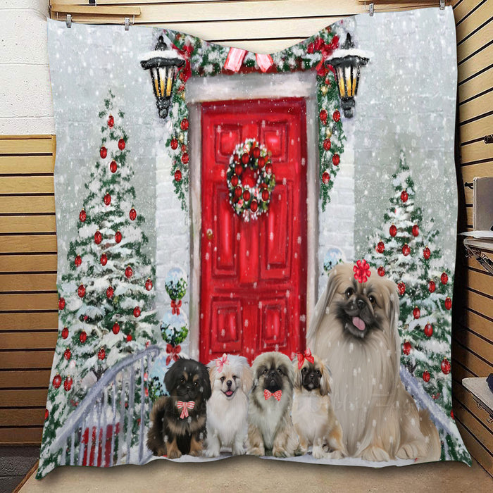 Christmas Holiday Welcome Pekingese Dogs  Quilt Bed Coverlet Bedspread - Pets Comforter Unique One-side Animal Printing - Soft Lightweight Durable Washable Polyester Quilt