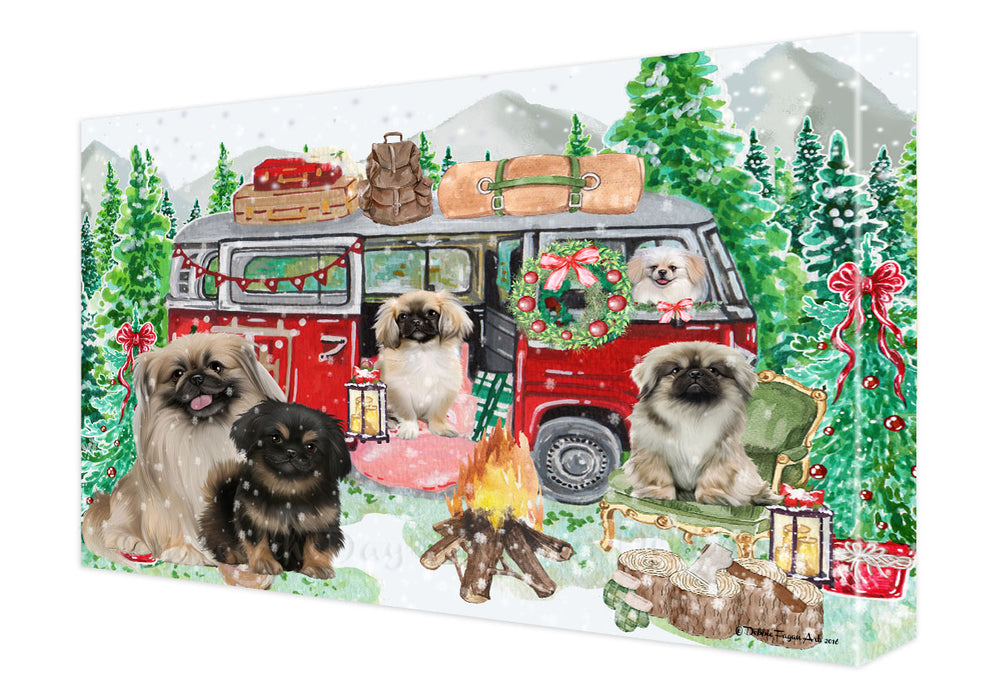 Christmas Time Camping with Pekingese Dogs Canvas Wall Art - Premium Quality Ready to Hang Room Decor Wall Art Canvas - Unique Animal Printed Digital Painting for Decoration
