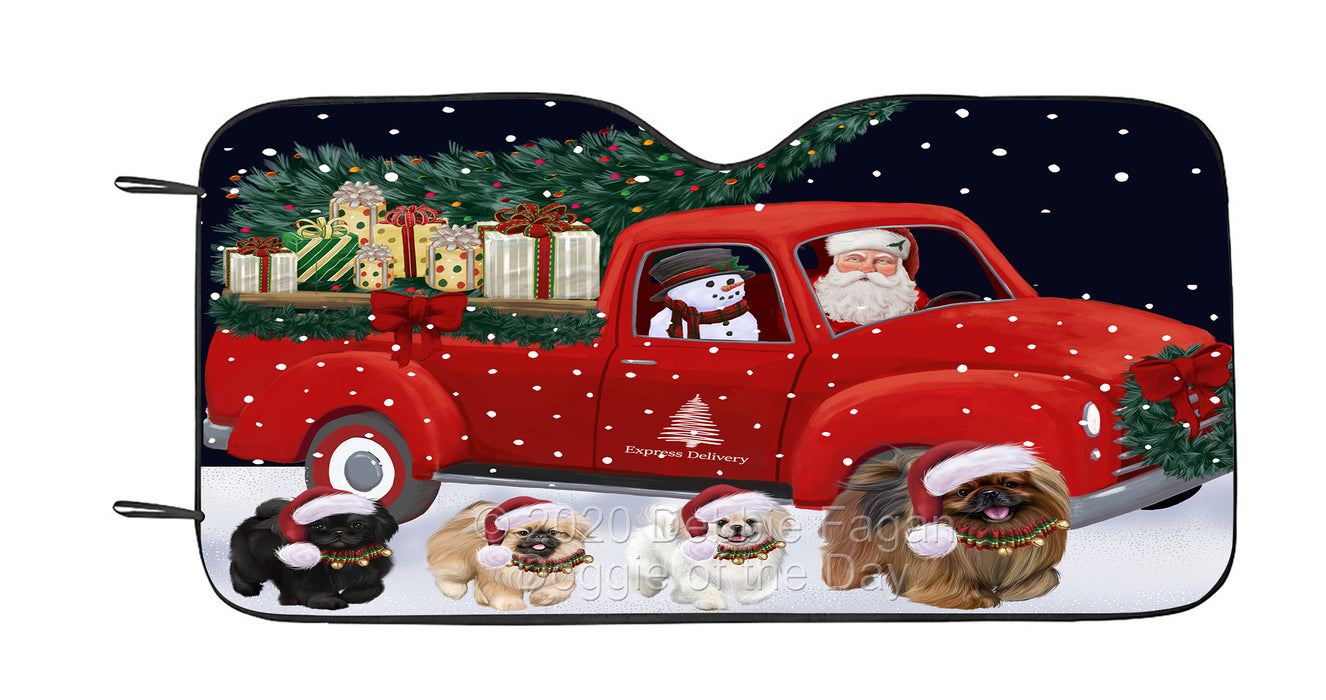 Christmas Express Delivery Red Truck Running Pekingese Dog Car Sun Shade Cover Curtain