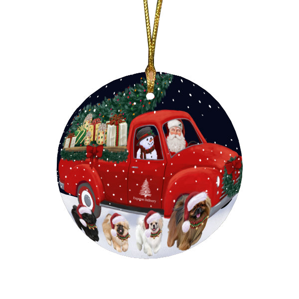 Christmas Express Delivery Red Truck Running Pekingese Dogs Round Flat Christmas Ornament RFPOR57764